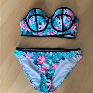 Tropical pink and green bathing suit